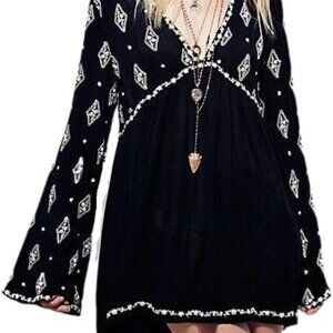 Womens Floral Embroidered Ruffle Flowy Tunic Mini Dress XL
